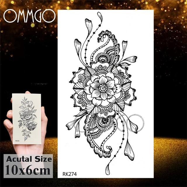 OMMGO Black Henna Arm Tattoo Mandala Flower Temporary Tattoos For Women Female Girls Sticker Fake Tattoo Mehndi Custom Tatoos