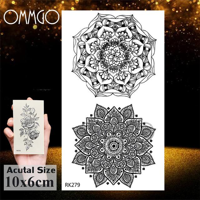 OMMGO Black Henna Arm Tattoo Mandala Flower Temporary Tattoos For Women Female Girls Sticker Fake Tattoo Mehndi Custom Tatoos