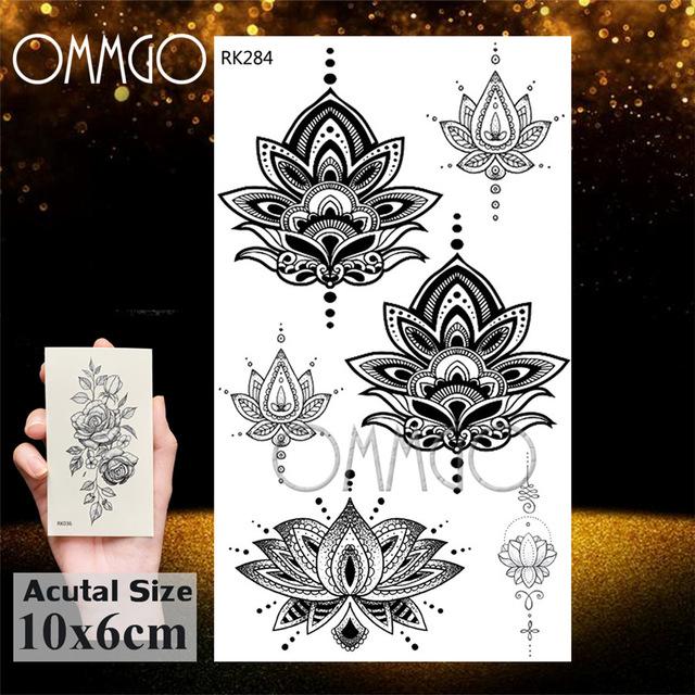 OMMGO Black Henna Arm Tattoo Mandala Flower Temporary Tattoos For Women Female Girls Sticker Fake Tattoo Mehndi Custom Tatoos