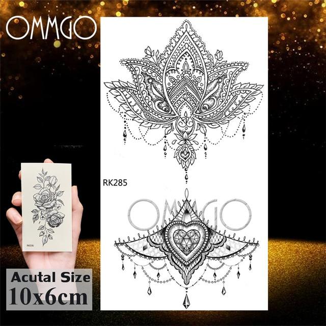 OMMGO Black Henna Arm Tattoo Mandala Flower Temporary Tattoos For Women Female Girls Sticker Fake Tattoo Mehndi Custom Tatoos