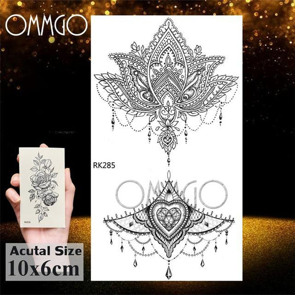 OMMGO Black Henna Arm Tattoo Mandala Flower Temporary Tattoos For Women Female Girls Sticker Fake Tattoo Mehndi Custom Tatoos
