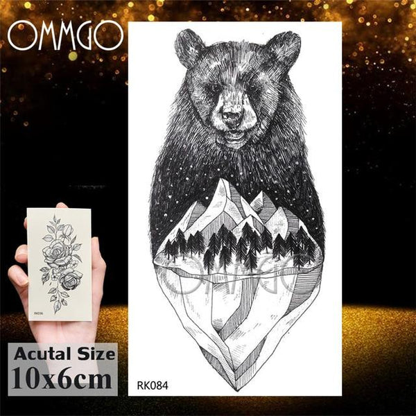 OMMGO Black Wolf Forest Tribal Feather Tattoos Temporary Sticker Tree Fierce Animal Fake Tattoo For Men Body Art Custom Tatoos