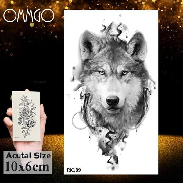 OMMGO Black Wolf Forest Tribal Feather Tattoos Temporary Sticker Tree Fierce Animal Fake Tattoo For Men Body Art Custom Tatoos