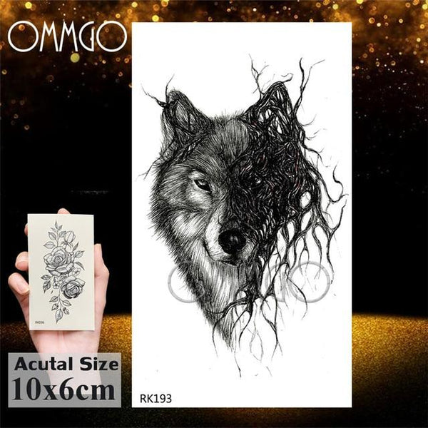 OMMGO Black Wolf Forest Tribal Feather Tattoos Temporary Sticker Tree Fierce Animal Fake Tattoo For Men Body Art Custom Tatoos