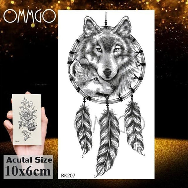 OMMGO Black Wolf Forest Tribal Feather Tattoos Temporary Sticker Tree Fierce Animal Fake Tattoo For Men Body Art Custom Tatoos