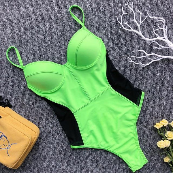Strap Push Up One Piece Swimsuit Women Patchwork Body Swimwear Bodysuit Swimming Wear Bathing Suit Lady Beachwear Elegant