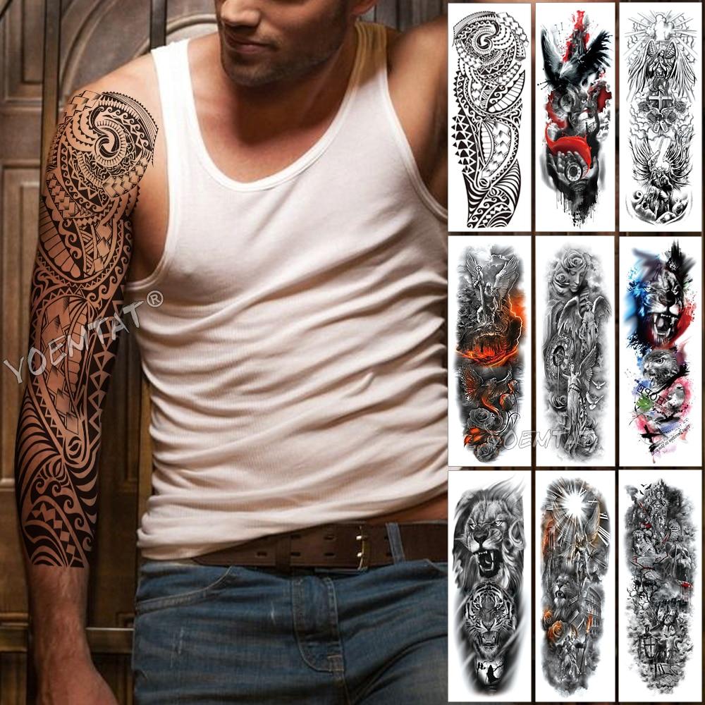 Large Arm Sleeve Tattoo Maori Power Totem Waterproof Temporary Tatto Sticker Warrior Samurai Angel Skull Men Full Black Tatoo
