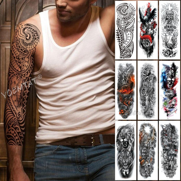 Large Arm Sleeve Tattoo Maori Power Totem Waterproof Temporary Tatto Sticker Warrior Samurai Angel Skull Men Full Black Tatoo