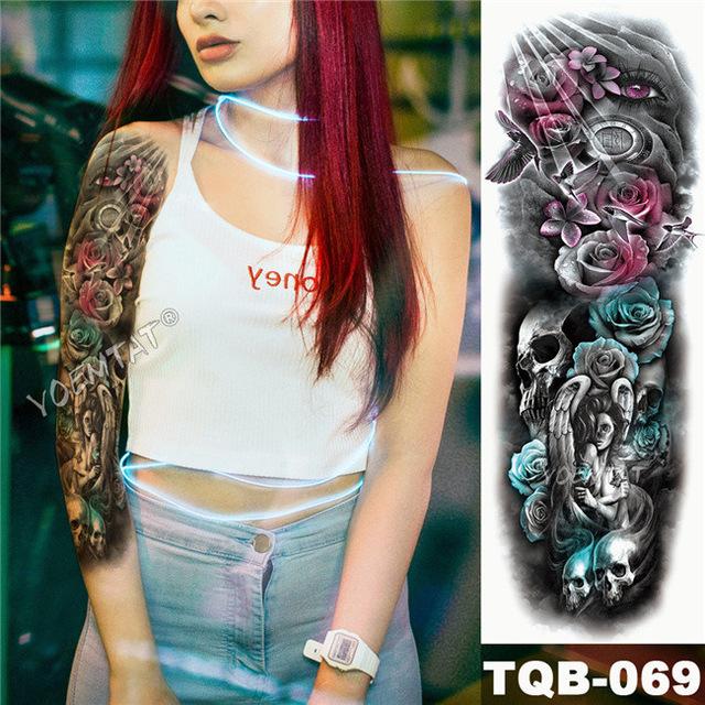 Large Arm Sleeve Tattoo Maori Power Totem Waterproof Temporary Tatto Sticker Warrior Samurai Angel Skull Men Full Black Tatoo