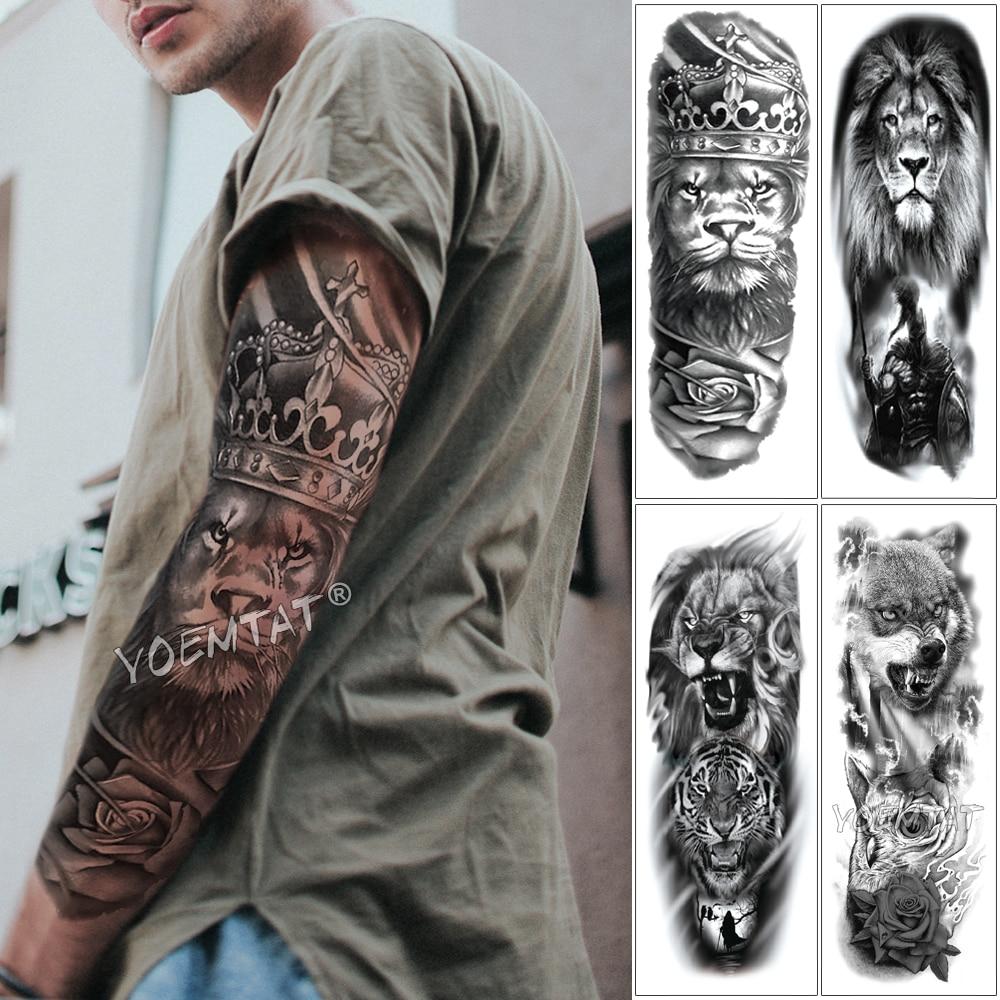 Large Arm Sleeve Tattoo Lion Crown King Rose Waterproof Temporary Tatoo Sticker Wild Wolf Tiger Men Full Skull Totem Tatto
