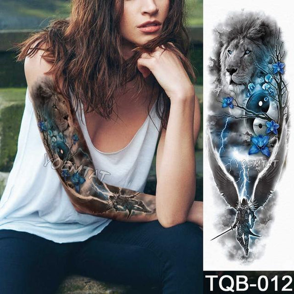 Large Arm Sleeve Tattoo Lion Crown King Rose Waterproof Temporary Tatoo Sticker Wild Wolf Tiger Men Full Skull Totem Tatto