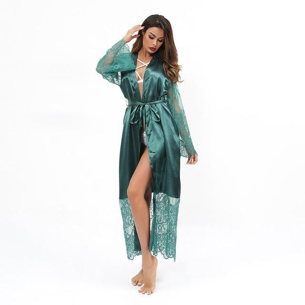 Fashion Sexy Pajama Dress Lingerie with Robe Long Sleeve Lace Nightgown with Belt Sleepwear Satin Women Bridesmaid Bathrobe
