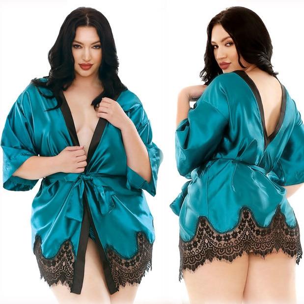 Mossovy 3pc Female Sexy Lingerie Plus Size 4xl 5xl 6xl Flower Peacock Rayon Kimono Nightdress Erotic Women Sexy Costumes Apparel