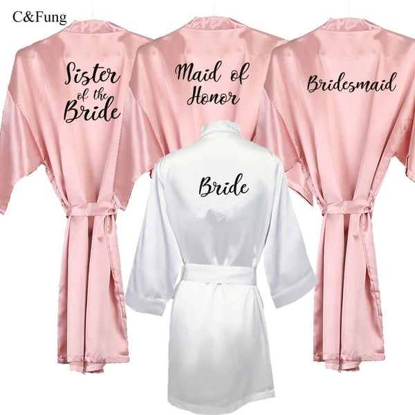 C&Fung new bride bridesmaid robe with white black letters mother sister of the bride wedding gift bathrobe kimono satin robes