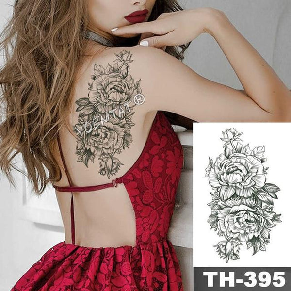 Sketch Flower Blossom Peony Rose Waterproof Temporary Tattoo Sticker Black Tattoos Body Art Arm Hand Girl Women Fake Tatoo