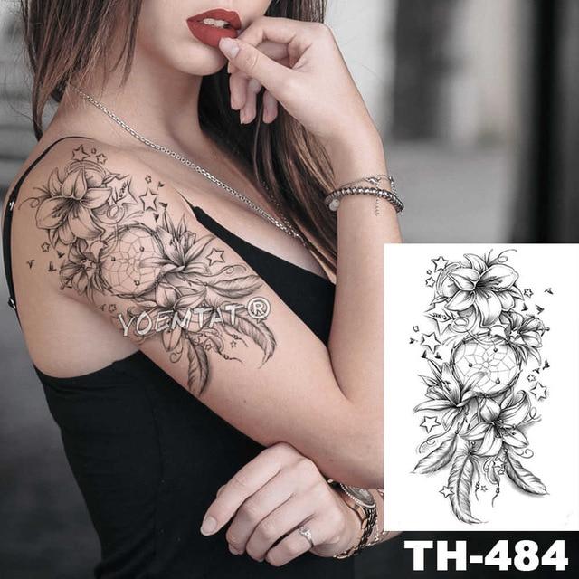 Sketch Flower Blossom Peony Rose Waterproof Temporary Tattoo Sticker Black Tattoos Body Art Arm Hand Girl Women Fake Tatoo