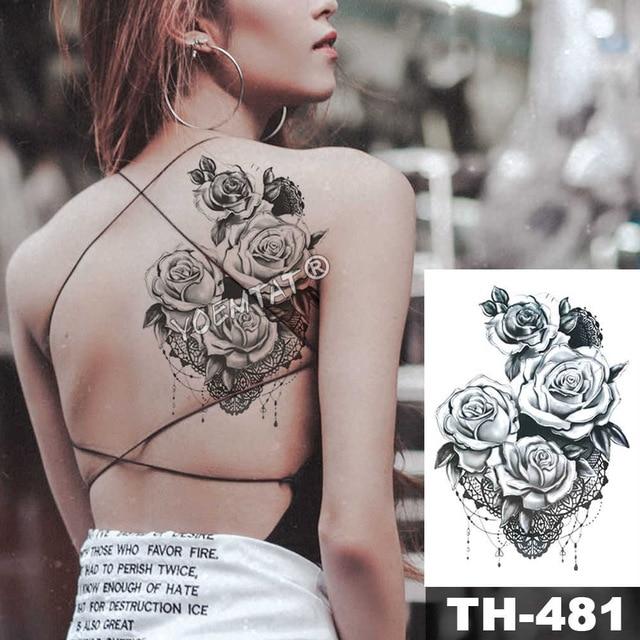 Sketch Flower Blossom Peony Rose Waterproof Temporary Tattoo Sticker Black Tattoos Body Art Arm Hand Girl Women Fake Tatoo