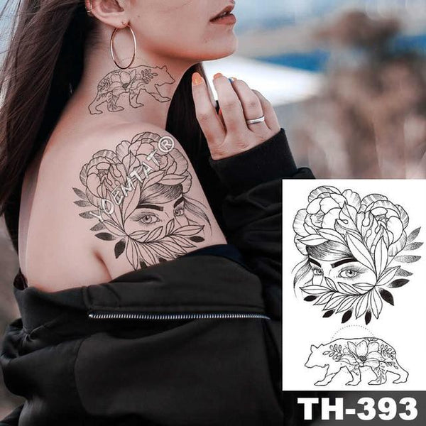 Geometric Flower Rose Eye Leaves Waterproof Temporary Tattoo Sticker Diamond Peony Black Tattoos Body Art Arm Fake Tatoo