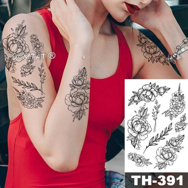 Geometric Flower Rose Eye Leaves Waterproof Temporary Tattoo Sticker Diamond Peony Black Tattoos Body Art Arm Fake Tatoo