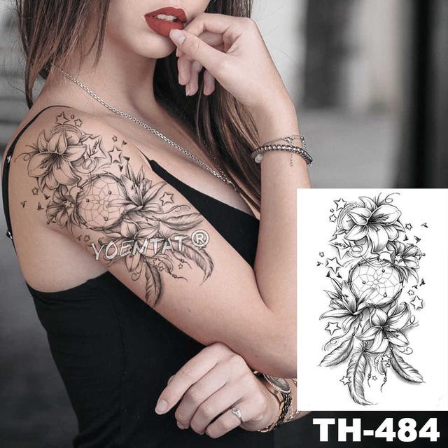 Geometric Flower Rose Eye Leaves Waterproof Temporary Tattoo Sticker Diamond Peony Black Tattoos Body Art Arm Fake Tatoo