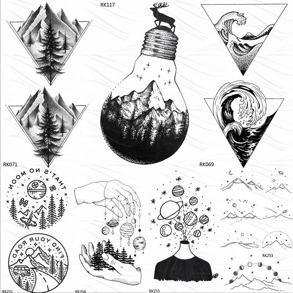 OMMGO Bulb Glass Mountain Pine Tree Temporary Tattoos Sticker Triangle Wave Custom Tattoo Body Art Arm Black Small Fake Tatoos