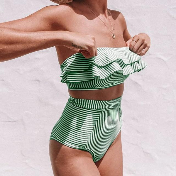 VIEUNSTA Women Sexy Strapless Bikini Swimsuit Ruffled High Waist bikini set Swimwear Striped Wrap Female Biquini Bathing suit