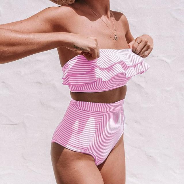 VIEUNSTA Women Sexy Strapless Bikini Swimsuit Ruffled High Waist bikini set Swimwear Striped Wrap Female Biquini Bathing suit
