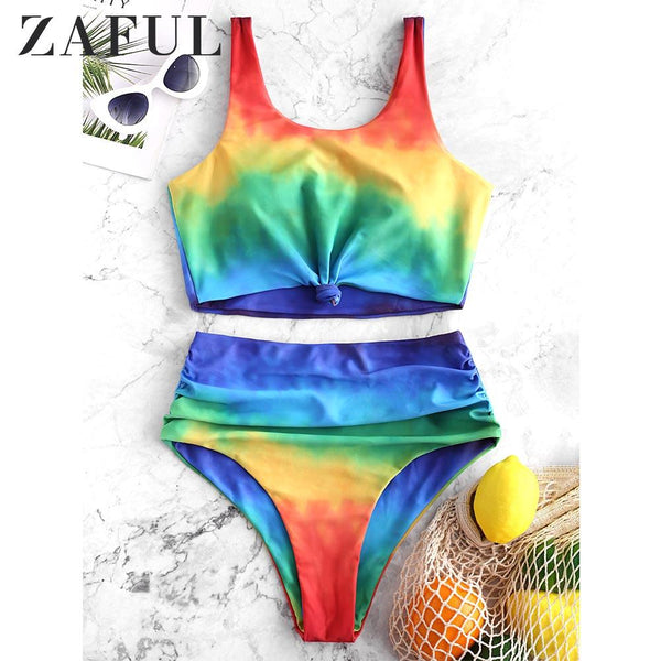 ZAFUL Tie Dye Knot High Waisted Tankini Swimsuit High Waisted Swimwear Women Push Up Bathing Suit Aesthetic Bikini Set 2019