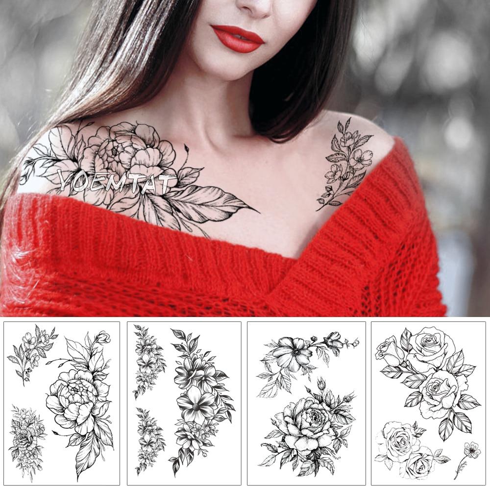 Geometric Flower Rose Eye Leaves Waterproof Temporary Tattoo Sticker Diamond Peony Black Tattoos Body Art Arm Fake Tatoo