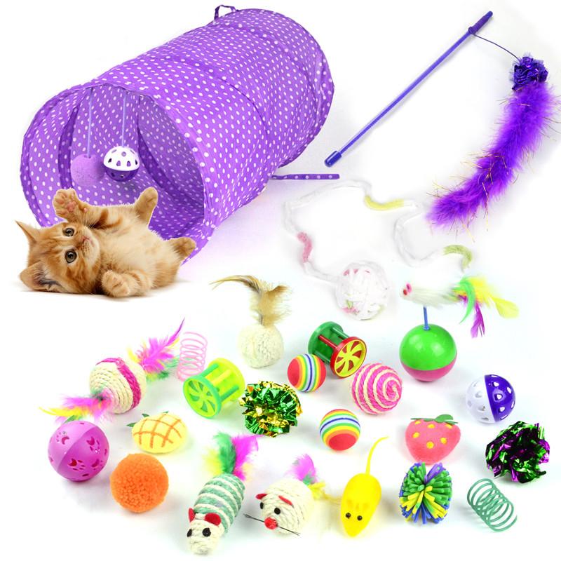 Cat Toy 24Pcs/Set Pet Kit Collapsible Tunnel Cat toy Fun Bell Feather Mice Shape Pet Kitten Dog Cat Interactive Play Supplies