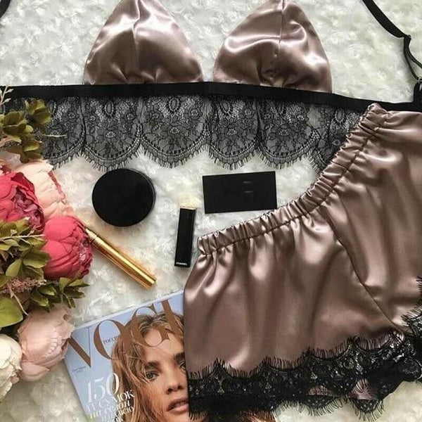 Women Lace Two Piece Swimsuit Sexy Underwear Set Beachwear Ladies Summer Satin Silk Bra Bustier Babydoll Nightwear Bathing Suit