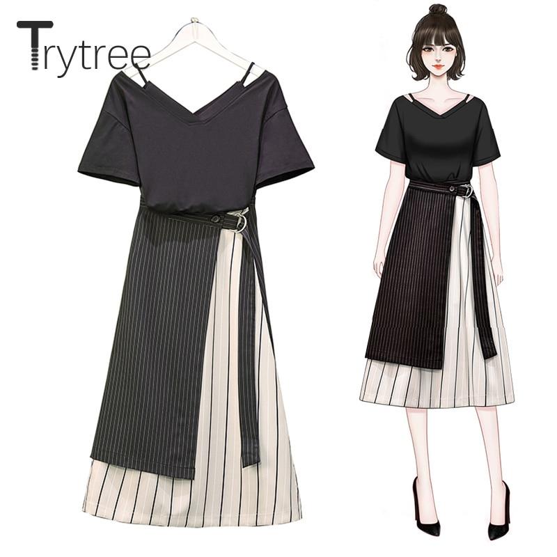 Trytree Summer Autumn Women two piece set Casual V-neck Tops + Skirt Patchwork Striped Belt Suit Set Office Lady 2 Piece Set