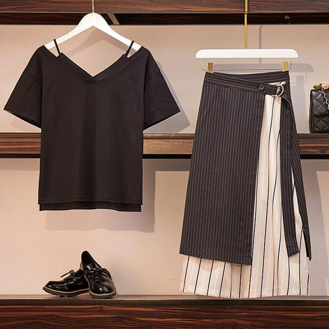Trytree Summer Autumn Women two piece set Casual V-neck Tops + Skirt Patchwork Striped Belt Suit Set Office Lady 2 Piece Set