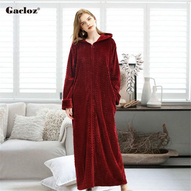 Gacloz Lovers Hooded Bathrobe Plus Size Flannel Sleepwear Winter Zip Robe Women Men Long Nightgown Bath Robe badjas