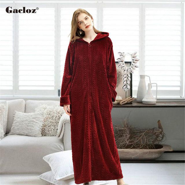 Gacloz Lovers Hooded Bathrobe Plus Size Flannel Sleepwear Winter Zip Robe Women Men Long Nightgown Bath Robe badjas