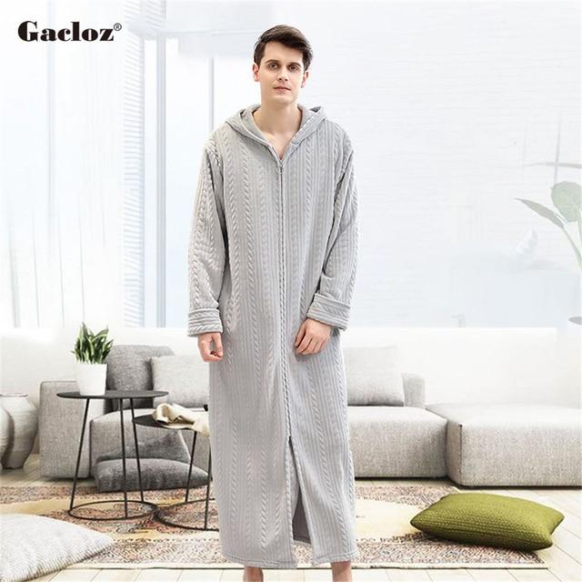 Gacloz Lovers Hooded Bathrobe Plus Size Flannel Sleepwear Winter Zip Robe Women Men Long Nightgown Bath Robe badjas