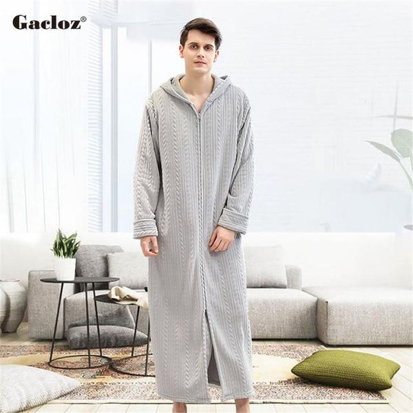 Gacloz Lovers Hooded Bathrobe Plus Size Flannel Sleepwear Winter Zip Robe Women Men Long Nightgown Bath Robe badjas