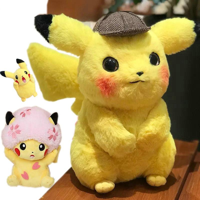 High quality Pikachu Detective Stuffed Toys Japan Anime Game Dolls toys for Boy Cherry blossom head Lady Pikachu Shout Pikachu
