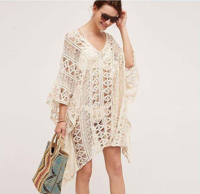 Sexy Beachwear Cover Up Bikini Women Crochet Swimsuit Cover-up Bathing Suit Beach Wear Knitting Swimwear Mesh Beach Dress Tunic