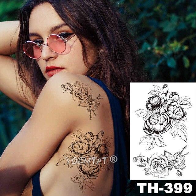 Geometric Flower Rose Eye Leaves Waterproof Temporary Tattoo Sticker Diamond Peony Black Tattoos Body Art Arm Fake Tatoo