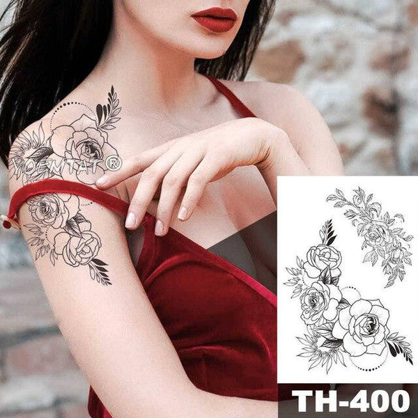 Geometric Flower Rose Eye Leaves Waterproof Temporary Tattoo Sticker Diamond Peony Black Tattoos Body Art Arm Fake Tatoo