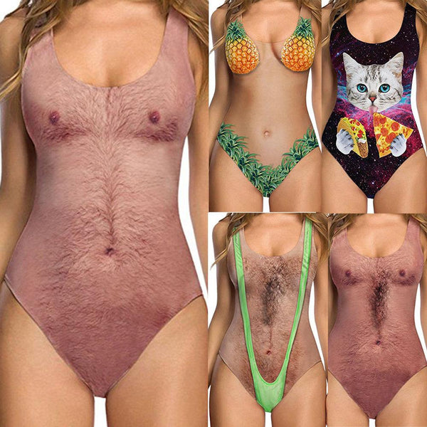 Women Hot Funny Hair Printed One-piece Swimsuit Swimwear Lady Girls Spoof One Piece Bodysuit Bikini Swimming Suit