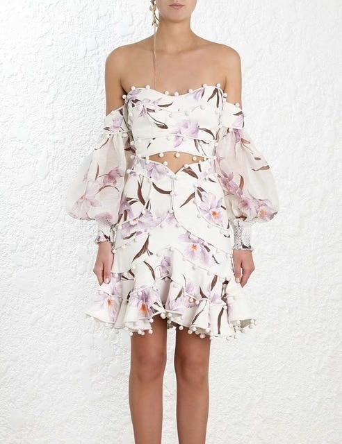 Summer 2019 Runway Designer Women Two Piece Set Eleganty Slash Neck Puff Sleeve Sexy Off Shoulder Tops+Skirt Female 2 Piece Set
