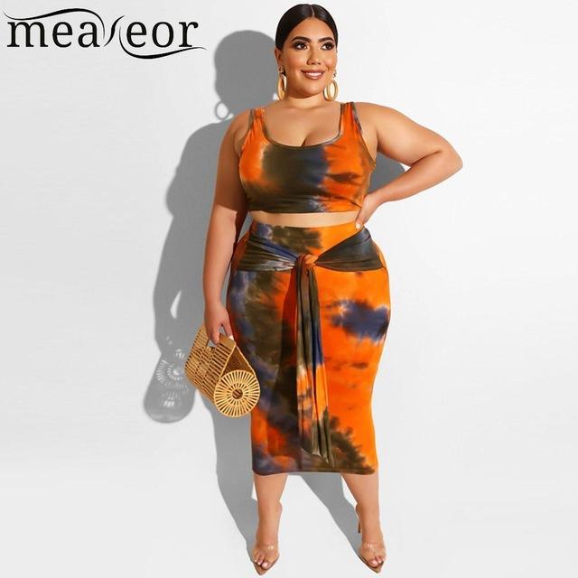 Womens Summer Print Outfits O-Neck Sleeveless Tank Pink, Orange, Blue Tops Daily Knot Skirts Set Casual