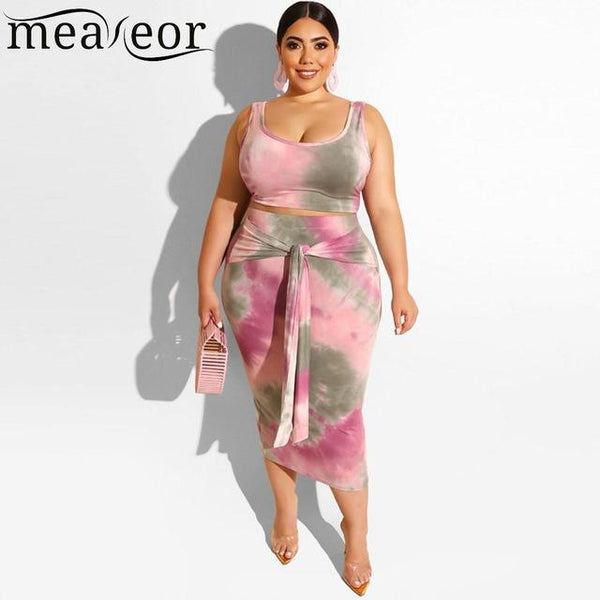 Womens Summer Print Outfits O-Neck Sleeveless Tank Pink, Orange, Blue Tops Daily Knot Skirts Set Casual