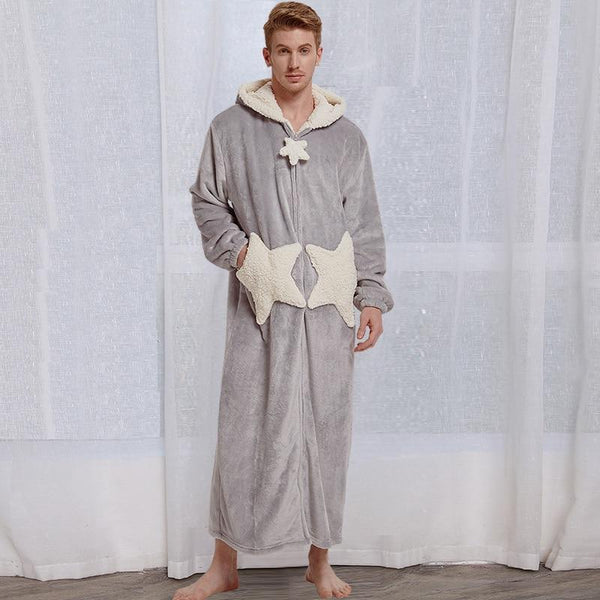 Lovers Winter Long Warm Thick Flannel Coral Fleece Bathrobe Mens Star Moon Bath Robe Grey Sleepwear Hooded Night Wear Dress Gown