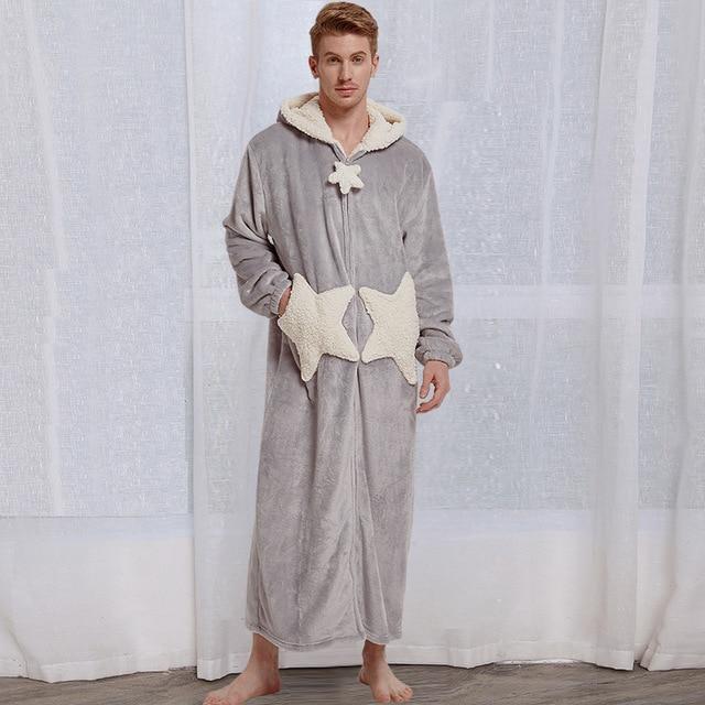 Lovers Winter Long Warm Thick Flannel Coral Fleece Bathrobe Mens Star Moon Bath Robe Grey Sleepwear Hooded Night Wear Dress Gown