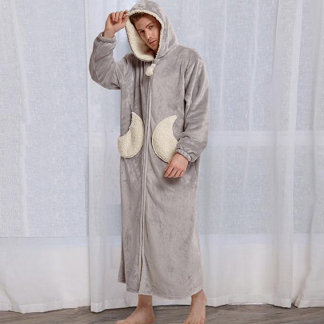 Lovers Winter Long Warm Thick Flannel Coral Fleece Bathrobe Mens Star Moon Bath Robe Grey Sleepwear Hooded Night Wear Dress Gown