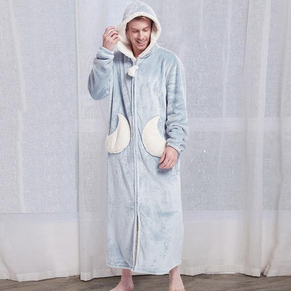 Lovers Winter Long Warm Thick Flannel Coral Fleece Bathrobe Mens Star Moon Bath Robe Grey Sleepwear Hooded Night Wear Dress Gown