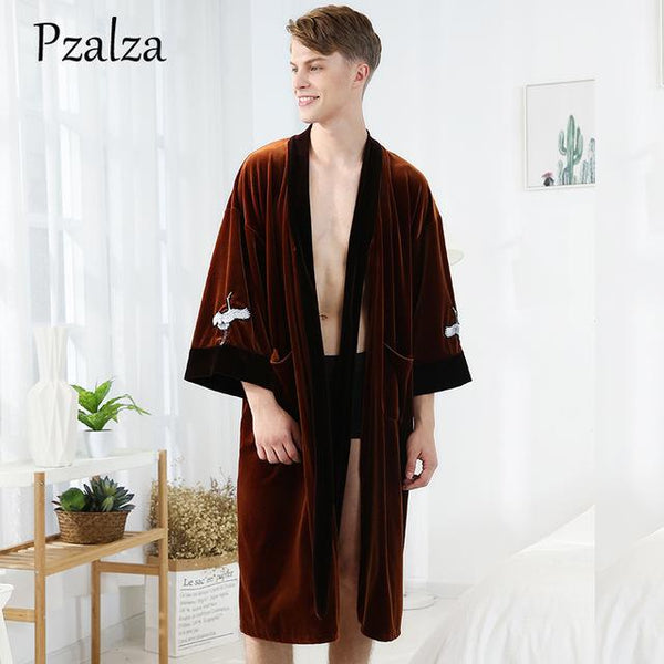 Special Animal Red-crowned Cranes Men's Bathrobes Robe Men Velour Winter Long Robe Male Sleepwear Robe Belt Nightgown Brown